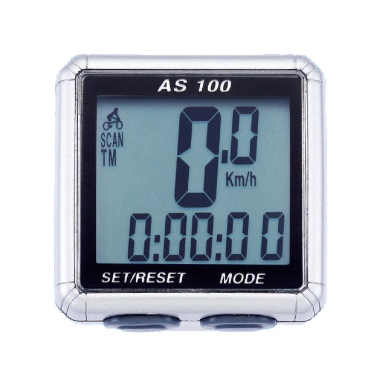 Велокомпьютер as-100 проводной. 8 функций: скорость /режим сканирования /время /пройденное расстояние/одометр /максимальная скорость /средняя скорость /часы. цвет: серебристый